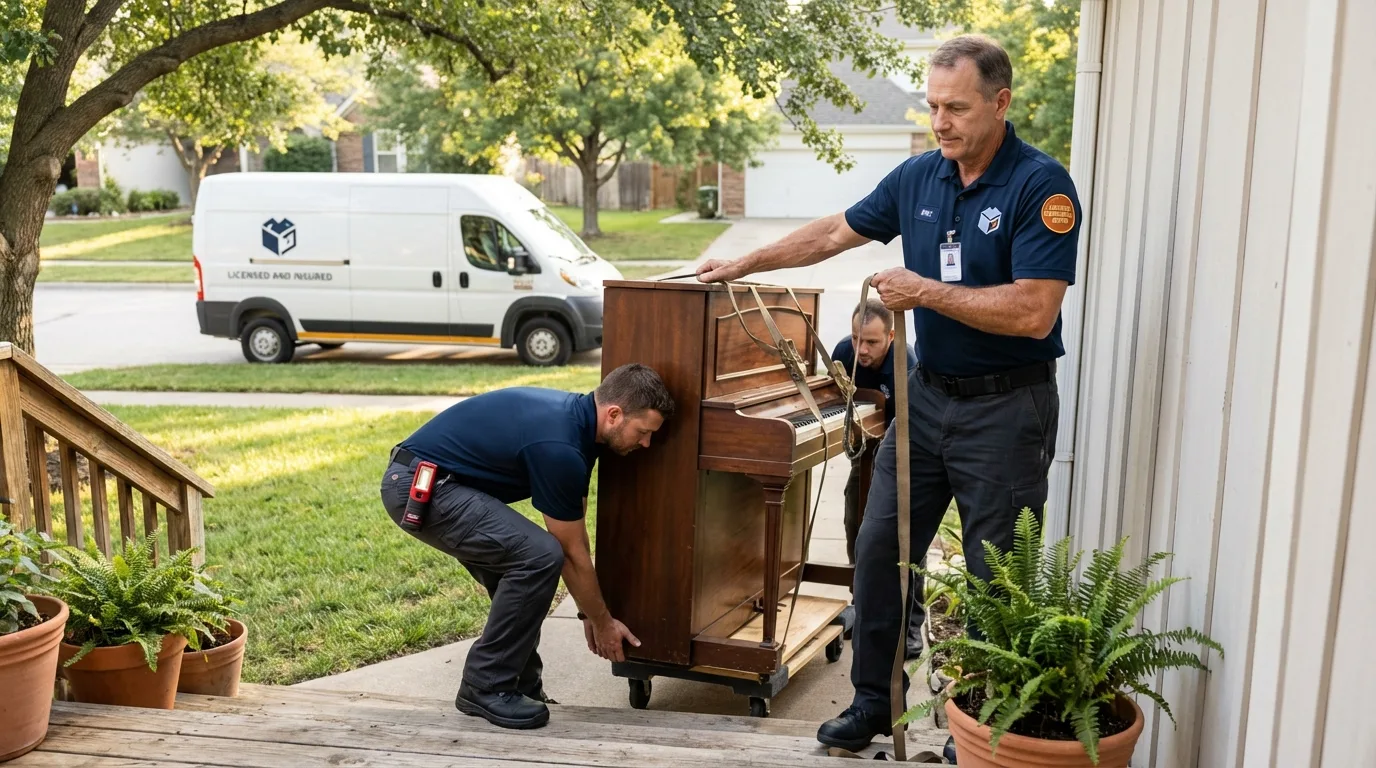 Licensed piano movers securing grand piano in Saint Charles, MO