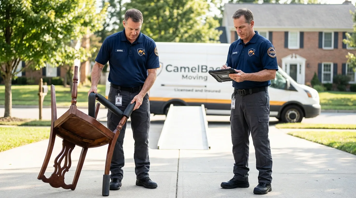 Movers inspecting furniture for damage prevention before loading in Saint Charles, MO