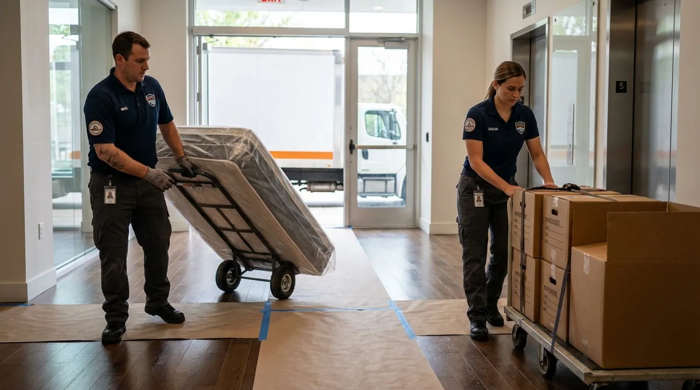 Professional apartment movers loading elevator in Saint Charles, MO